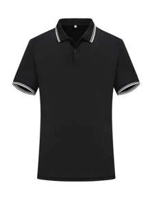 Men's Slim Fit Polo Shirt, Business Casual Short Sleeve Solid Color T-Shirt, Summer - Black - View 2