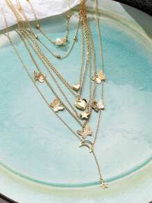 6 Piece Fashion Butterfly, Heart, Star, Moon Necklace Set, Versatile Everyday Accessory For Girl