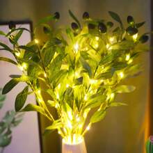 1 pieza Lámpara con rama de olivo artificial de luz cálida, decoración de árbol de olivo falso brillante verde para habitación, boda, fiesta de cumpleaños, centro de mesa festivo