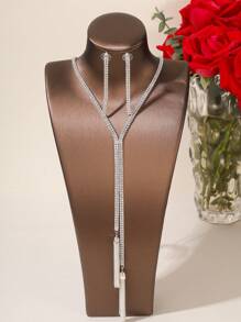 3 件套奢华时尚婚礼派对风格流苏吊坠钻石项链耳环首饰套装，开斋节礼物宴会婚礼舞会首饰 - 銀色LNS0460 - 查看 3