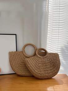 Yogodlns Luxury Hollow Designer Beach Shoulder Bag High Quality Brand Straw Handbag Women Summer Raffia Woven Travel Basket Tote Bags Summer Handmade Bags For Women Beach Weaving Ladies Straw Bag Wrapped Beach Bag Moon Shaped Top Handle Handbags Totes