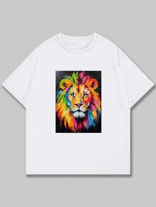 Cartoon bunter Graffiti Löwe Grafik Muster T-Shirt, Rundhals Lässig vielseitiges Kurzarm-T-Shirt für Damen, geeignet für Sommer und Frühling - Weiss - Übersicht 3