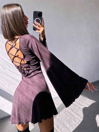 Fashionable Sexy Round Neck Solid Color Flare Sleeve Hollow Tie-Up A-Line Short Dress