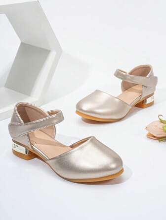 Children's New Gold Hollow Round Toe Hook & Loop Fastener Fashion Comfortable Durable Versatile High Heel Shoes