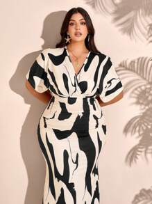 BIUBIU Summer New Stylish Elegant Resort Plus Size Bohemian Style Women's V-Neck Waist Pleated Hips Slim Slim Dress (Random Flower Pattern) - Black - View 6