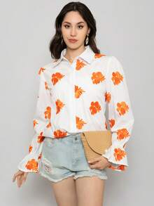 Camisa casual para mujer bordada con flores y manga acampanada de moda - Naranja - Ver 4
