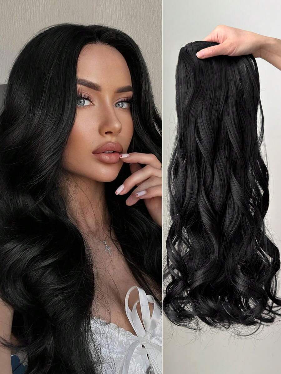 Set de 7 extensiones de cabello con clip, de 22 pulgadas de largo, ondulado natural, fibra sintética resistente al calor, adecuado para que las mujeres lo usen en fiestas y uso diario, color negro