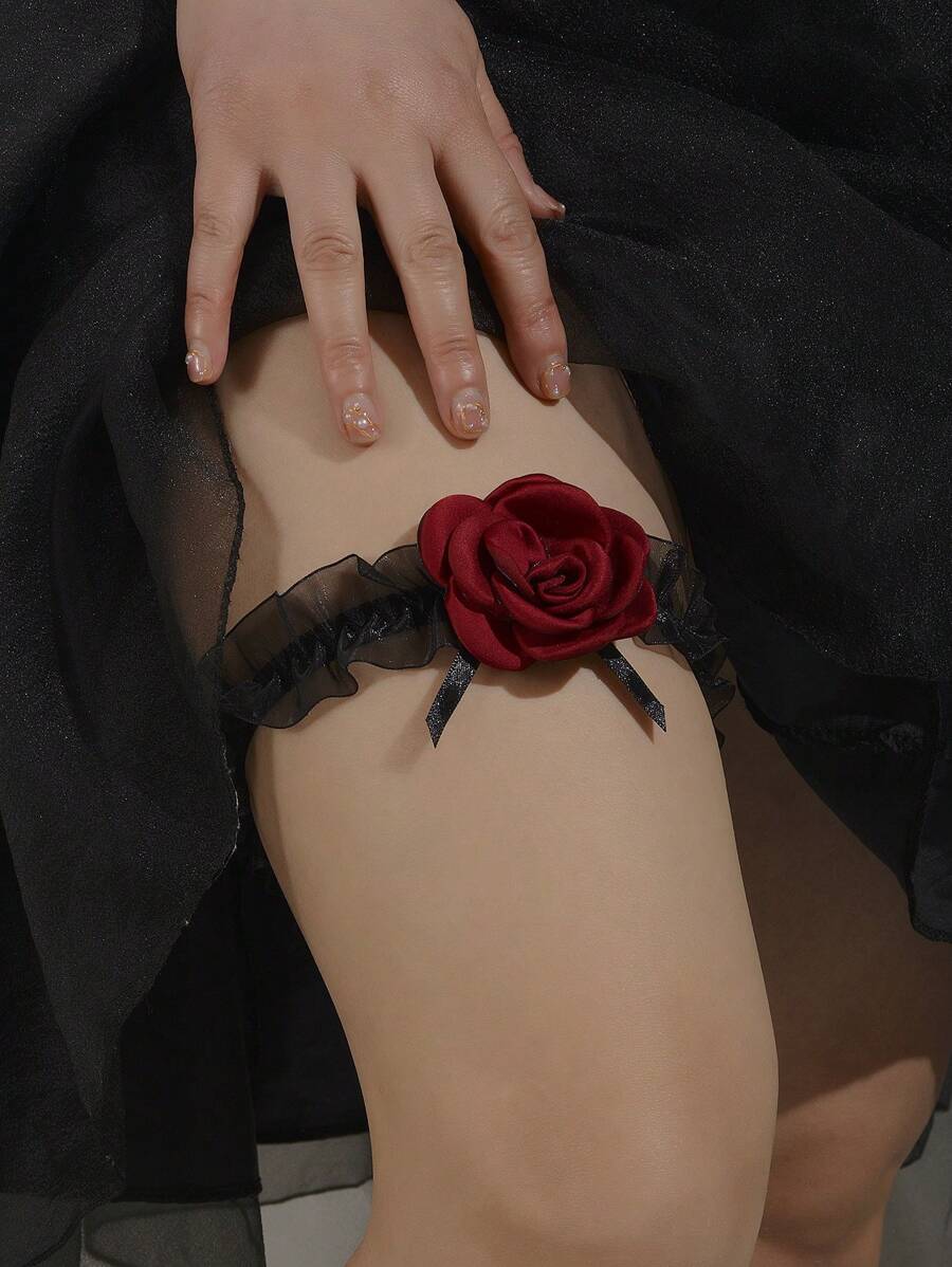 1 件深色花卉大腿链，黑色蕾丝蝴蝶玫瑰花朵吊饰铃铛吊袜带腿带装饰 - 花朵腿環 - 查看 1