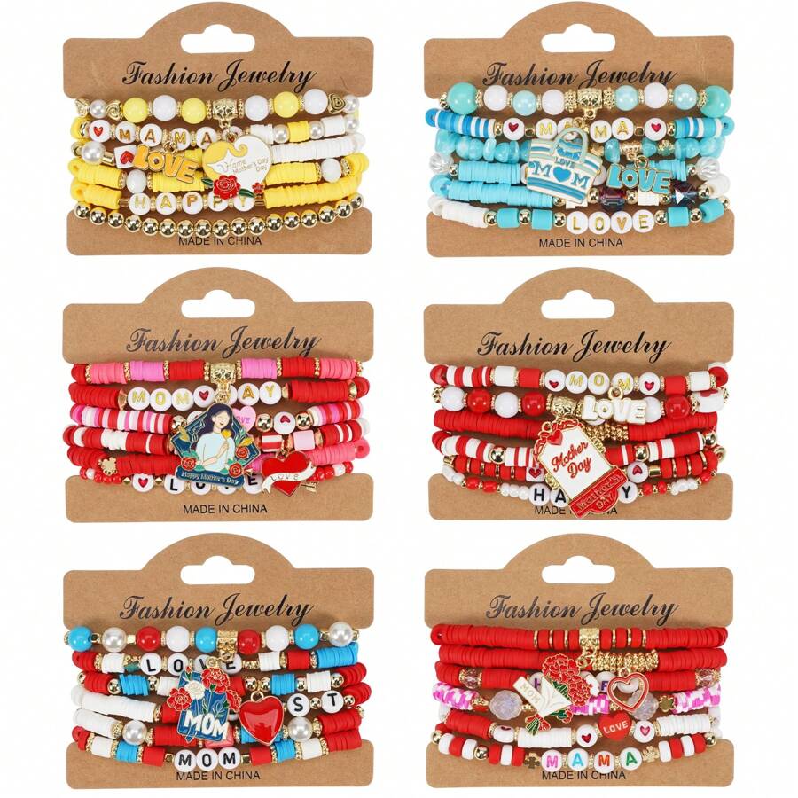 母亲节手链，心形花朵吊坠多层串珠弹力手链（1条装）