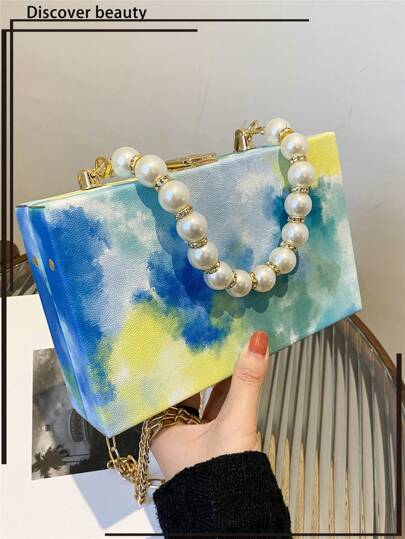 1pc New Sky & Ocean Oil Painting Hard Case Bag With Metal Strap, Crossbody Bag With Faux Pearl & Rhinestone Decor, Elegant Clutch Wallet, Phone Pouch, Suitable As Gift For Women And Party Use