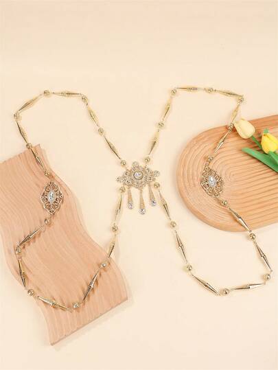 1 Gold Rhinestone Shoulder Chain, Handmade Beaded Back Jewelry For Moroccan Ladies Bridal Body Chain For Weddings Banquets Festivals Back