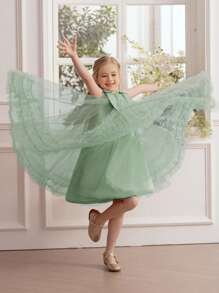 Young Girl Elegant Mint Green Bow Tulle Princess Dress, Suitable For Birthday Party, Casual Outing, Stage Performance, Holiday Celebration