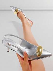Womens Elegant Slingback High Heels Pointed Toe Stiletto Heel Gold Metal Stud Dress Pumps Buckle Strap Slip On Party Dressy Wedding Bridal Work Casual  Summer Sandals Shoes - Silver - View 4