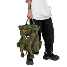 Women Men Backpacks, Graffiti Inlaid Plush Frog Monster Zip Large Capacity School Backpack, Travel Adjustable Outdoor Rucksacks - Dark Green - View 5