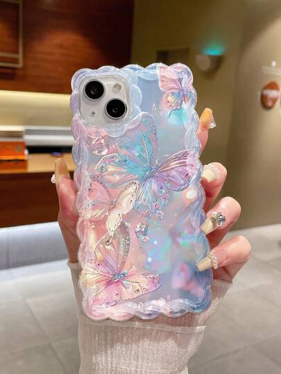 Funda protectora de teléfono con estampado de mariposa, volantes trenzados y borde de moda, compatible con iPhone16/16 iPhone15/Nuevo iPhone14/12PROMAX/13PROMAX/14PROMAX/Funda de teléfono creativa con estampado trenzado a prueba de golpes para XR/7/8, pintada compatible con iPhone15Promax, Funda para iPhone13, Funda suave para iPhone14 iPhone11, Funda suave a prueba de golpes P12 XS resistente al agua y a los arañazos