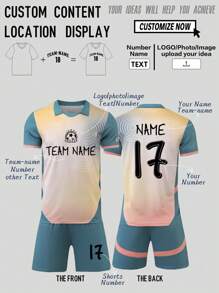 2pcs Personalized Tween Boy Soccer Jersey- Customized Name,Number And Picture Print Short Sleeve T-Shirt+Shorts Sports Set,Suitable For School Training Spring/Summer