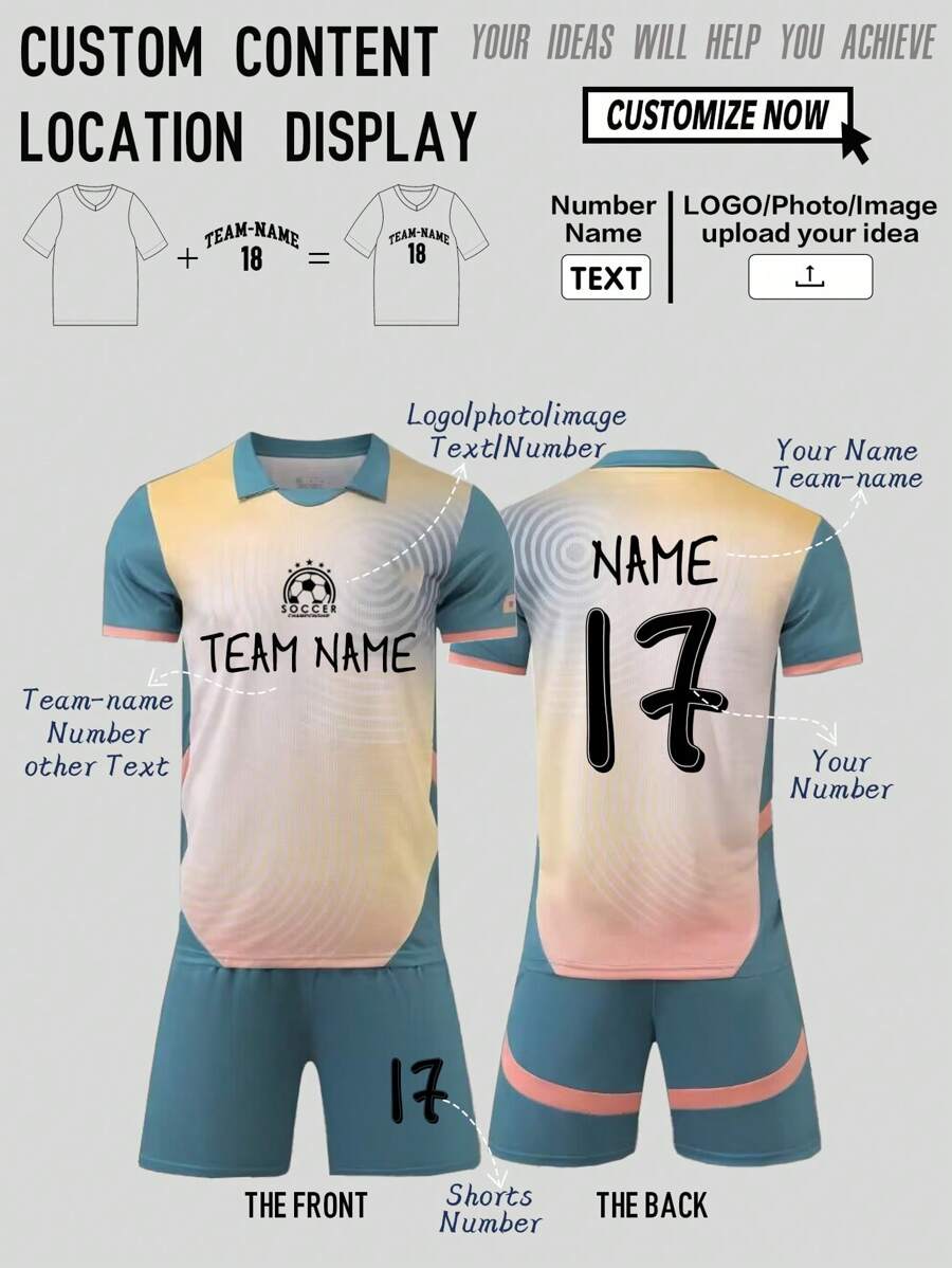 2pcs Personalized Tween Boy Soccer Jersey- Customized Name,Number And Picture Print Short Sleeve T-Shirt+Shorts Sports Set,Suitable For School Training Spring/Summer