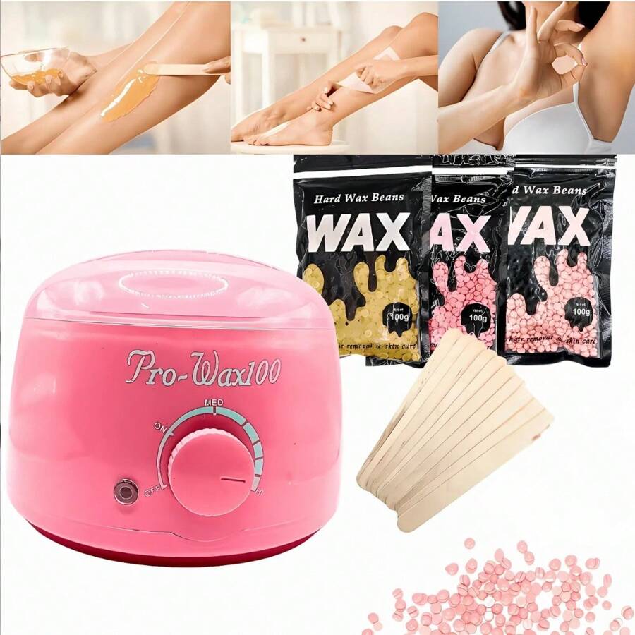 kit Calentador/Fundidor de Cera Española para Depilación Profesional con 300 grs de cera + 10 Aplicadores, Cera Española para Depilación de vello facial y vello corporal - Rosa - Ver 1