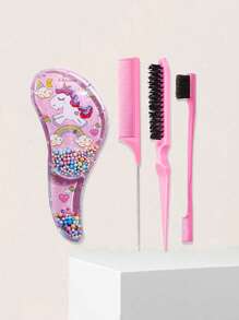 6pcs Brushes, (6.8oz /200ml) Continuous Fine Mist Spray Bottle, Unicorn Cartoon Brush, Adult And Girl Brush, Mousetail Edge Brush, Barbershop, Hairdresser's Brush Set