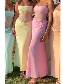 女士蕾丝镶嵌海滩度假婚礼派对性感细肩带连衣裙 - 粉色 - 查看 6