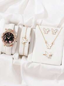 6pcs/Set Fashionable Simple Round Arabic Heart Design Dial Strap Quartz Watch + Butterfly Jewelry Set/Love Diamond Set/Water Drop Diamond Set Rings, Stud Earrings, Bracelets, Necklaces The Best Choice Set For Halloween, Christmas, Valentine's Day, Mother's Day, Holiday Gifts - White - View 10