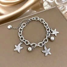 1 pièce Bracelet chaîne de perles en forme d'étoile de mer en acier inoxydable doré, bracelet empilable pour femme. Bijou de fête quotidienne pour anniversaire, Noël