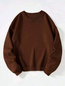 Crew Neck Sweatshirt, Plain Print, Winter Fashion, Old Money Unisex, Women's/Men's - 鏽棕色 - 查看 1