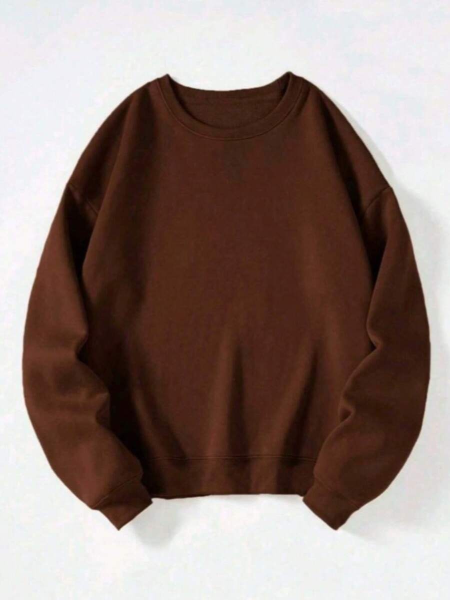 Crew Neck Sweatshirt, Plain Print, Winter Fashion, Old Money Unisex, Women's/Men's - 鏽棕色 - 查看 1