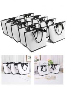 10pcs-Bowknot Decor Tote Bag, White Large Capacity Paper Handbag,Party Gift Decoration, For Halloween, Thanksgiving, Christmas, New Year, Wedding Bridesmaid Proposal Handbag, Birthday, Gifts, Simple Solid Color Shopping Bag, Bakery Packing Bag, Small Business Supplies,Black White Gift Handbag With Ribbon,DIY Making, Beauty Storage,Christmas