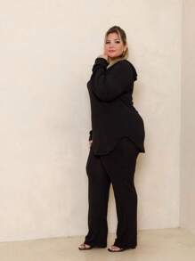 Lanzinha Pantalona Straight Pants And Hooded Top Plus Size Set - 黑色 - 查看 3