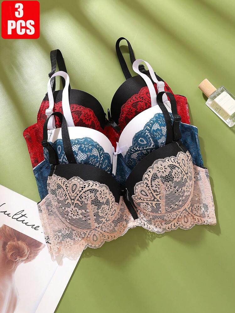 3pcs Lace Patchwork Contrast Color Sexy Push-Up Bra, B Cup Underwire Bra For Women - Multicolor - View 1