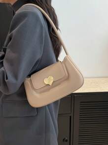 1pc Minimalist Solid Color Magnetic Heart Decor PU Zipper Shoulder Bag, Fashion Women Handbag For Work, Dating, Shopping