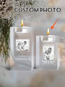 个性化 3D 照片水晶烛台定制雕刻水晶烛台，带有您自己的图像文字周年纪念圣诞节生日礼物送给爸爸妈妈他她（白色），爱在这里生活水晶茶灯烛台，个性化情侣礼物，订婚礼物，个性化柱状烛台