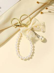 1pc Elegant Oversized Bow Pearl Keychain, Fashion Handbag Accessory With Gold-Color Hardware, Suitable For Bags And Phone Cases, Ideal Gift For Various Holidays