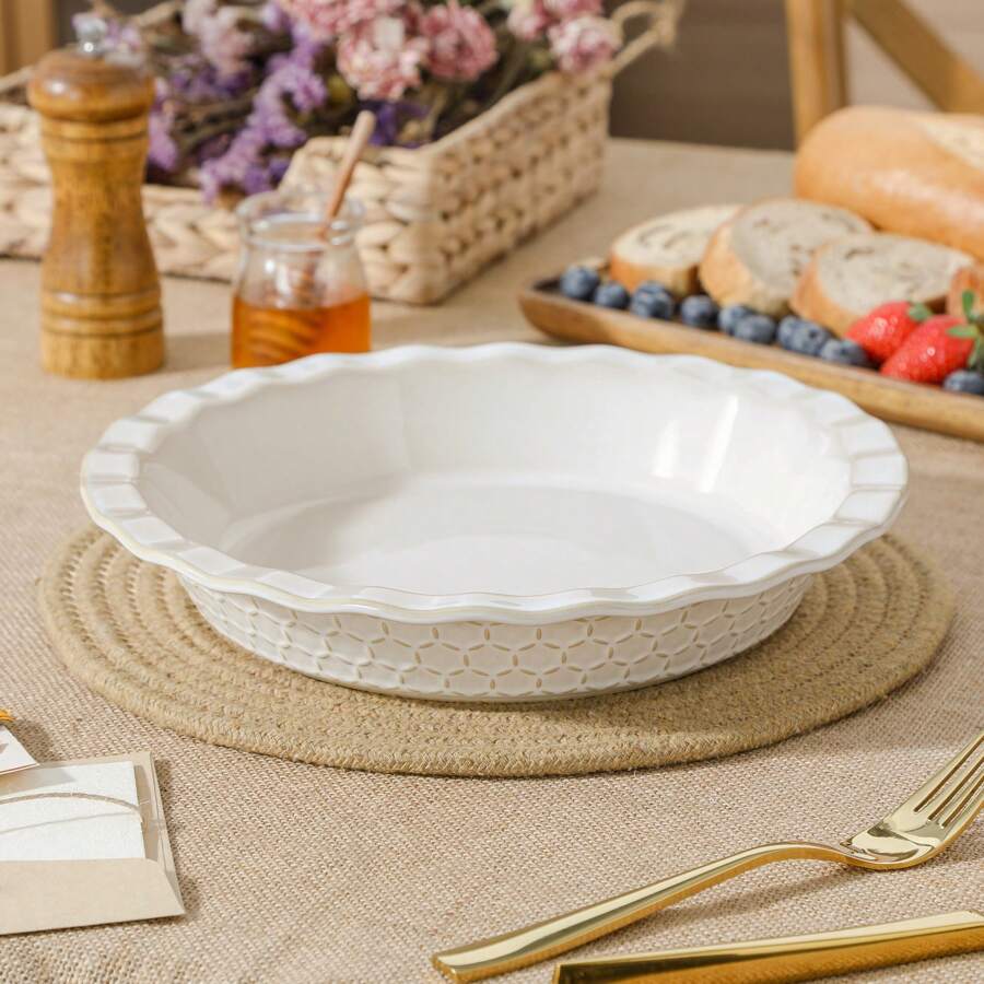 MALACASA Ceramic Baking Tray Set, Round Pie Dish With Bas-Relief, White With Honeycombed Design, Baking Dish, Pie Pans, 1200ml - White - View 1