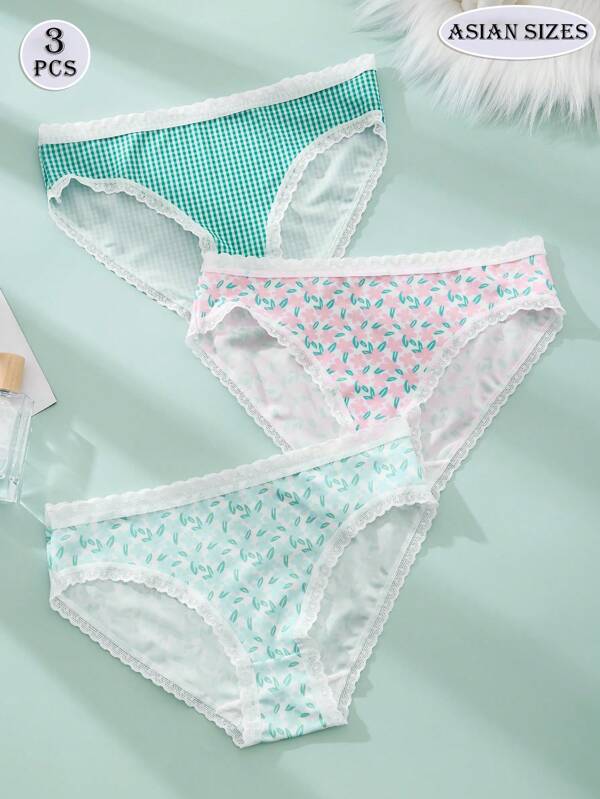 3pcsWomen's Wavy Lace Briefs, Plaid Print Panties, Sexy Lace Edges, Comfortable Stretch Panties, Summer Exclusive Fashion Underwear, Ladies Lingerie, Student Travel Beachside