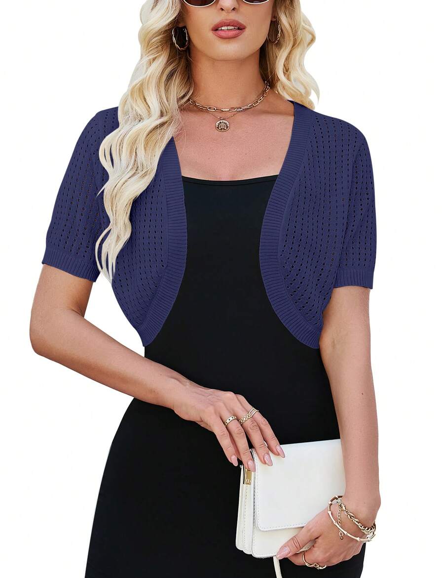 GoyRrbay Womens Short Sleeve Shrug Cardigan Bolero Lightweight Open Front Knit Sweater Cardigans Shrug For Dress - Xanh đậm - Xem 1