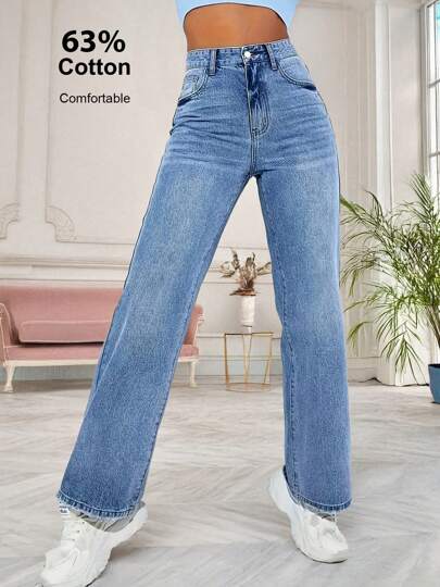 中蓝色直筒松紧腰裤，休闲时尚，适合日常穿着