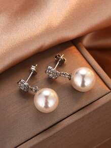 1 Pair S925 Sterling Silver Flower Pearl Drop Earrings, Elegant & Charming Design For Women, Boho Jewelry, Gift For Mother On Mother's Day