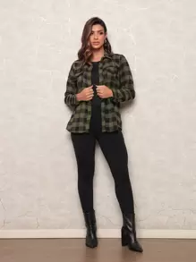 Stylish Women's Plaid Shirt Flannel Elegant Winter Blouse - xanh quân đội - Xem 1