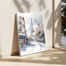 1 Pc Framed Paris Watercolor Painting Landscape Wall Art Textured Canvas Poster Painting Wall Decor For Bedroom Living Room, Ready To Hang