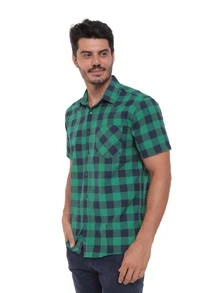 Rand paul Men's Plaid Shirt Casual Slim Fit Short Sleeve With Pockets Imported - 綠色 - 查看 6