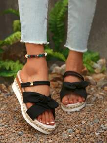 Plus Size Women's Bow Decor Open Toe 2-Way Linen Rope Bottom Wedge Heel Thick Sole Beach Sandals, Black Fashion Versatile Comfortable Roman Sandals, Spring/Summer - Black - View 3