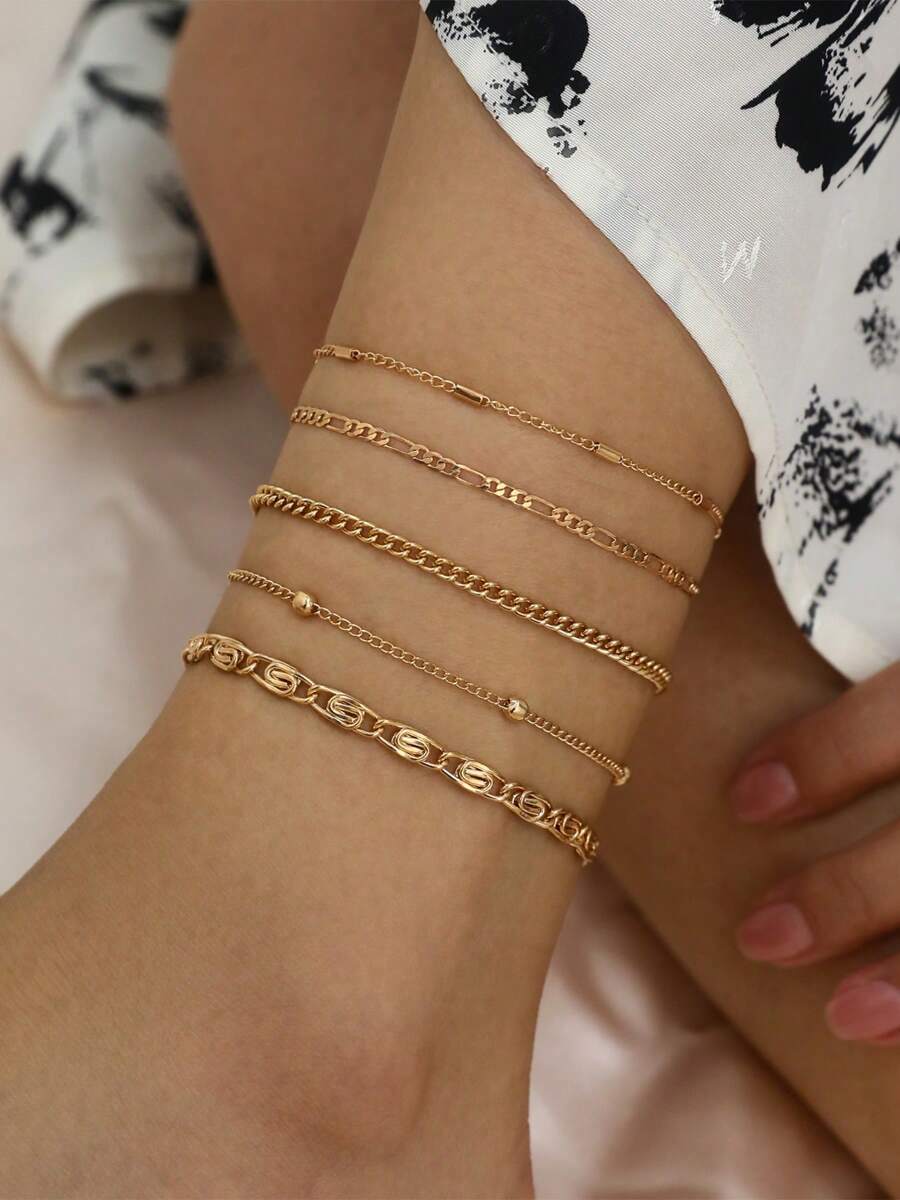 5pcs Chic Minimalist Metal Chain Vintage Creative Snake Chain Anklets - Gold - View 1