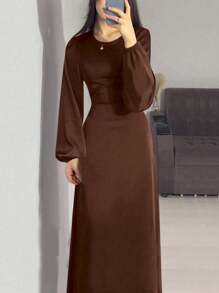 Women's Solid Color Round Neck Elegant Lantern Sleeve Simple Waisted Dress,Modest