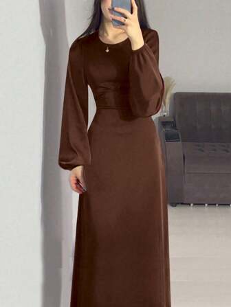 Women's Solid Color Round Neck Elegant Lantern Sleeve Simple Waisted Dress,Modest