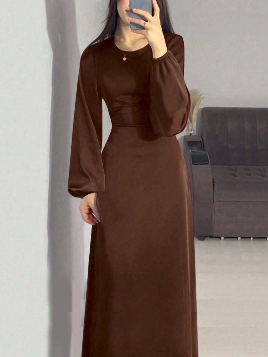 Women's Solid Color Round Neck Elegant Lantern Sleeve Simple Waisted Dress,Modest