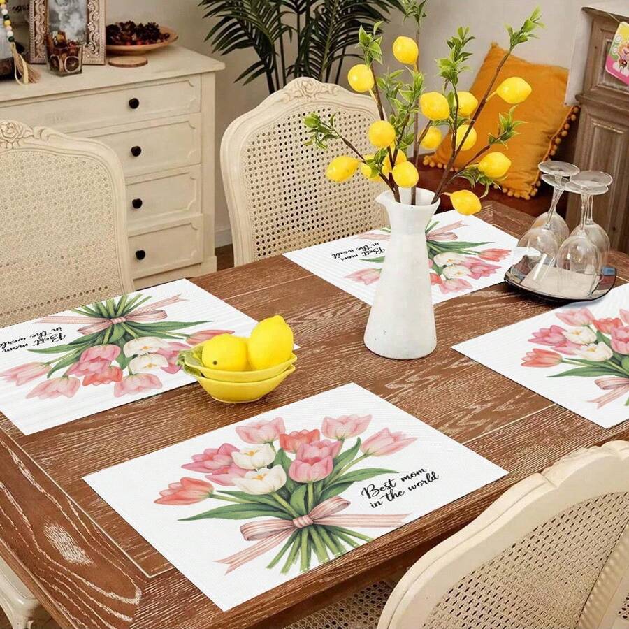 4 Pcs Mother's Day Tulip Floral Print Table Placemat, Insulated Tableware Mat, Mother's Day Decor, Pink Flower