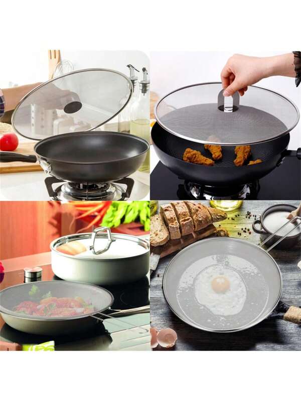 1pc Splash Guard, Stainless Steel Frying Pan Splatter Screen, Splash Guard, Grease Cover With Foldable Handle, Mesh Grease Cover, For Kitchen Cooking, Restaurant