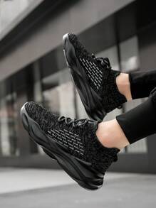 Giày thể thao thường ngày buộc dây lưới thoáng khí đế dày thoải mái cho nam, giày ngoài trời phong cách đường phố sọc tương phản dành cho thanh thiếu niên - màu đen - Xem 9